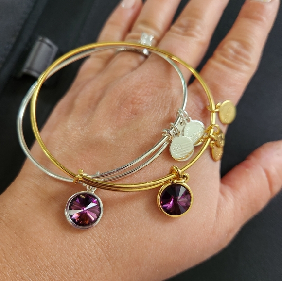 Alex and Ani Expandable Coppure Bangle Purple Stone Charm set of 2 - Picture 2 of 8